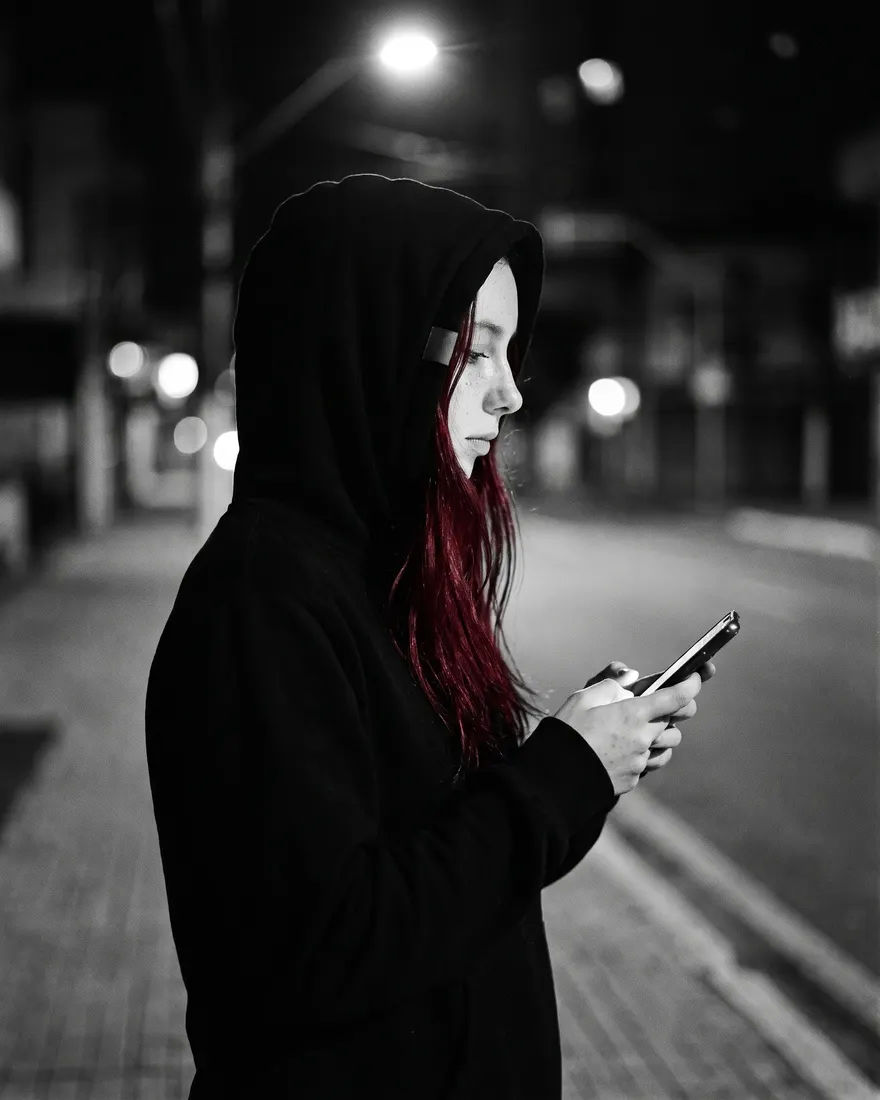 Uma mulher de capuz, à noite na calçada, procurando alguma coisa no celular.